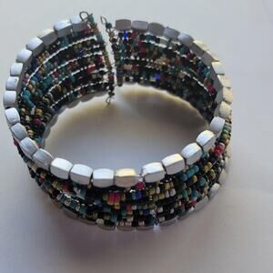 Multicolor Beaded Cuff Bracelet Silver Tone Square Beads Boho Hook Closure
